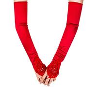 SAVITA Fingerless Long Red Elbow Length Satin Gloves - Stretchy Opera Evening Party 1920s Gloves for Women