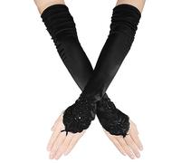 SAVITA Long Lace Gloves - Soft Fingerless Elbow Length Gloves for Women - Satin Black - Bridal Wedding Tea Party Masquerade