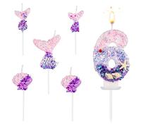 SAVITA Mermaid Number Candles, 6pcs Mermaid Cake Topper Shell Sequins Numeral Candle Pink Purple Table Centerpieces for Birthday Cake Themed Party Anniversary Wedding Decoration(Number 6)