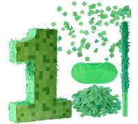 SAVITA Number Mini Pixel Piñata, Green Pixel Birthday Party Favor with Stick Blindfold Confetti Piñata for Birthday Party Decor (1)