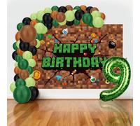SAVITA Pixel Balloon Garland Kit, Video Game Theme Gamer Night Party Decorations Set with 150x100cm/59x39.37in Backdrop Banner & Green Number Balloon Arch Decor for Happy Birthday Party Background(9)