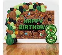 SAVITA Pixel Balloon Garland Kit, Video Game Theme Gamer Night Party Decorations Set with 150x100cm/59x39.37in Backdrop Banner & Green Number Balloon Arch Decor for Happy Birthday Party Background(8)
