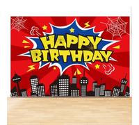SAVITA Red Spider Web Backdrop Party Decoration, 5x3FT City Scene Happy Birthday Banner Hero Theme Photo Props for Boys Kids Baby Shower Birthday Party Decor Supplies