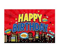 SAVITA Red Spider Web Happy Birthday Backdrop, 3.3x4.9ft Cartoon Theme City Photo Banner Birthday Background Decoration Anime Wall Decor Sign for Boys Baby Shower Party Supplies
