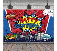 SAVITA Spider Web Birthday Banner Backdrop, 6x4ft Pre-Punched Super City Skyline Spider Web Happy Birthday Backdrop Decorations Reusable and Washable Ideal Photography Props and Party Favors