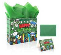 SAVITA Turtle Gift Bag Set, Happy Birthday Party Favor Bags with Tissue Paper and Greeting Card, Perfect for Green Cartoon Turtle Theme Party Decorations Goodie Candy Wrapping Kids Birthday Supplies