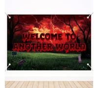 SAVITA Welcome To Another World Backdrop, 180x120cm/5.9x3.9ft Spooky Scary Forest Banner Back Drop for Birthday Halloween Horror Party Wall Room Decoration Supplies & Photo Booth Props Favor
