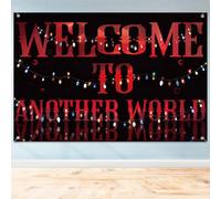 SAVITA Welcome to Another World Backdrop, 4.9x3.3ft Colorful Light Strings Banner Reflection Spooky Themed Party Decorations Black Red Horror Background for Birthday Halloween Room Wall Decor