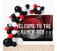 SAVITA Welcome to The Other Side Backdrop, Themed Party Decorations with 99 Latex Balloons Upside Down Halloween Birthday Decor Spooky Banner & Wall Decor Photo Props