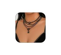SAVNOJW Gothic Multi Layered Pendant Necklace Set for Women, Black Heart Star Coin Choker Adjustable Double Ot Clasp Toggle Necklace Vintage Halloween Jewelry, Metal, No Gemstone