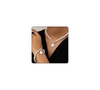 SAVNOJW Pearls Heart Necklace Bracelets Set for Women, Dainty Pearls Beaded Choker OT Buckle Love Bracelets Charm Prom Wedding Jewelry for Bridal Bridesmaid, L, Metal Faux Pearl, Created Pearl