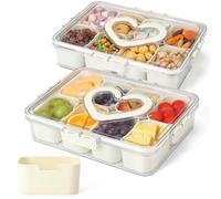 Savorella 2 Pcs Portable Picnic Parties Fruit Tray,8 Compartment Fridge Food Veggie Condiment Divided Serving Preservation Storage Containers,Clear Snackle Box Candy Organizer with Lid Handle