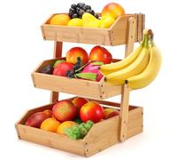 Savorella Bamboo Fruit Basket - 3 Tier Fruit Bowl For Kitchen Counter, Large Capacity Fruit Holder With 2 Banana Hangers, Countertop Vegetables Fruit Bowl, Idea For Fruit and Vegetable Storage