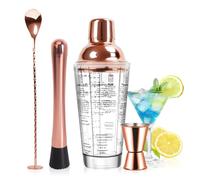 SAVORLIVING 14oz Glass Cocktail Shaker Set, 4PCS Bartender Kit, Martini Mixer Shaker with Built-in Strainer, Mixing Spoon, Measuring Jigger & Muddler, Bar Tool Set for Beginners Use (Rose Gold)