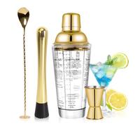 SAVORLIVING 14oz Glass Cocktail Shaker Set, 4PCS Bartender Kit, Martini Mixer Shaker with Built-in Strainer, Mixing Spoon, Measuring Jigger & Muddler, Bar Tool Set for Beginners Use (Gold)
