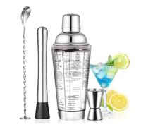 SAVORLIVING 14oz Glass Cocktail Shaker Set, 4PCS Bartender Kit, Martini Mixer Shaker with Built-in Strainer, Mixing Spoon, Measuring Jigger & Muddler, Bar Tool Set for Beginners Use (Silver)