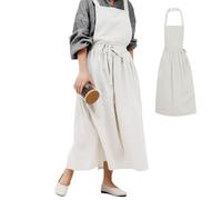 SAVOSWEET Japanese Style Aprons for Women, Cross Back Apron Cotton with 2 Pockets Light Gray, Long Apron for Restaurants, Florists, Kitchens, Cafes, Gardens, Painting