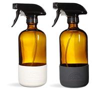SAVVY PLANET Empty Amber Glass Spray Bottles with Silicone Sleeve Protection - Refillable 16 oz Containers for Cleaning Products, Essential Oils, Misting Plants - Quality Sprayer - 2 Pack