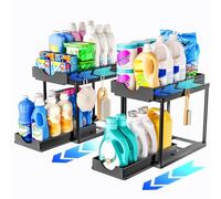 SavvyStor 2 Pack Under Sink Storage - 2 Tier Pull Out Cabinet Organiser, Under Sink Bathroom Cabinet, Cupboard Organiser with Hooks, Kitchen Storage & Organisation, Black