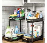 SavvyStor 2 Pcs Adjustable Height Under Sink Storage, 2 Tier Sliding Kitchen Storage and Organisation Cupboard Organiser, Under Sink Shelf, Under Cabinet Organizer for Kitchen Countertop, 17.5*38*6cm