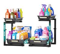 SavvyStor 2 Pcs Under Sink Storage Adjustable Height, 2 Tier Shelf Black