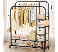 SavvyStor Clothes Rail with Wheels,150KG Metal Heavy Duty Clothes Rack With Double Hanging Clothing Rail, Shoe Rack, 4 Coat Hooks, Open Wardrobe Clothes Rails for Bedroom Shop Dorm, Black