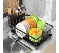 SavvyStor Dish Drainer Rack - Space Saving Dish Drainer, Drainer Rack for Kitchen Counter with Utensil Holder, Kitchen Dish Rack with Drain Board, Black