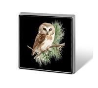 Saw-whet Owl Badge Pin Brooch Square Shape Button Aluminum Decor for Backpacks Hats 0.7 Inch