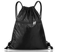 SAWANS Drawstring Bag String Gym Sack Drawstring Sports Bag Swim Men Women Sack Outside Pocket Zipper PE Backpack Beach School Holidays Swimming Travel Boy Girl Waterproof (Black)