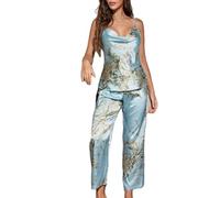 SAWEEZ Ladies Pyjamas Set, Silk Satin Pyjamas Women Lace Cami Tops and Trousers with Ruffle Floral Print Satin Lingerie Pjs Set Bridal Pyjamas Sleepwear Nightwear,Light Green,Xl