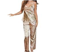 SAWEEZ Ladies Pyjamas Set, Silk Satin Pyjamas Women Lace Cami Tops and Trousers with Ruffle Floral Print Satin Lingerie Pjs Set Bridal Pyjamas Sleepwear Nightwear,Champagne,M