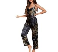 SAWEEZ Ladies Pyjamas Set, Silk Satin Pyjamas Women Lace Cami Tops and Trousers with Ruffle Floral Print Satin Lingerie Pjs Set Bridal Pyjamas Sleepwear Nightwear,Black,L