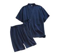 SAWEEZ Soft 2 Piece Short Pjs Sets, Womens Japanese Style Kimono Pajamas Suit Cotton Hanfu Pajama Suit Couples Pajamas Kimono Robe Nightgown Dressing Gown,Men Navy Blue,L