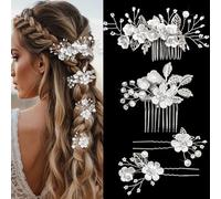 SAWINDA Bridal Flower Hair Pins Sliver Leaf Rhinestone Hair Clips Wedding Pearl Combs Headpiece Bride Boho Hair Accessories for Brides Bridesmaid Flower Girls Women Wedding Party (Pack of 4)