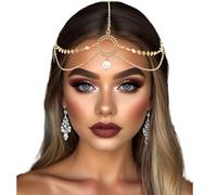 SAWINDA Gold Sequins Head Chain Jewelry Forehead Peal Pendant Headpiece for Women Halloween Prom Hair Chains Headbands Egyptian Head Piece for Women Girls Greek Goddess Accessories