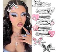SAWINDA Y2k Pink Hair Clips Cute Star Love Heart Hair Barrettes Butterfly Rhinestone Hairpins for Girls Teens Silver Metal Non-Slip Alligator Clips Goth Accessories for Women 8 PCS