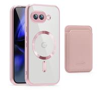Sawiqpd for Google Pixel 8A Case with Detachable Card Bag Magnetic Wallet Cover, Support MagSafe Anti-Scratch Lens Film Electroplated Frame Shockproof Case for Google Pixel 8A, Pink