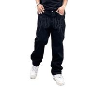 Sawmew Baggy Jeans Men's Baggy Hip Hop Jeans Straight Leg Y2K Jeans Pants Vintage Printed Pants Teenager Boys Skateboard Trousers Streetwear (Color : Black, Size : S)