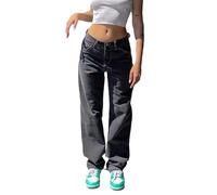 Sawmew Baggy Jeans Women Y2k Low Waist Jeans Wide Leg Pants Straight Boyfriend Casual Pants Spring Loose Pants Cargo Jeans with Pocket Streetwear Flared Pants(Black,XS)