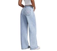 Sawmew Baggy Women's Jeans Y2k High Waist Jeans Straight Leg Jeans with Pink Bow Embroidery Pockets Casual Pants Boyfriend Loose Pants Teenager Streetwear(Blue,M)