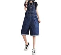 Sawmew Denim Short Dungarees for Women Adjustable Strap Summer Jumpsuit with Pockets Ladies Casual Loose Wide Leg Shorts Overalls Plain Baggy Dungarees Shorts(Dark Blue,L)
