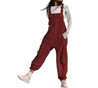Sawmew Dungarees Women's Work Trousers Wide Leg Jumpsuit Adjustable Strap Pants Loose Baggy Dungarees for Women Long Playsuit Pants with Zipper Pocket(Dark Red,M)