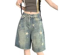 Sawmew Jorts Women Blue Y2k Printed Denim Shorts Long Jorts Wide Leg Baggy Jorts with Pockets Mid Waist Knee-Length Denim Shorts Vintage Cropped Jeans Streetwear(L)