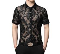 Sawmew Men's Mesh See-Through Sexy Short Sleeve Clubwear Fishnet Lace Shirts(Black,S)