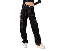 Sawmew Women's Baggy Jeans Y2K Aesthetic Denim Pants Casual Baggies Solid Color Vintage Long Pants Low Waist Straight Leg Trousers Streetwear (Color : Black, Size : L)