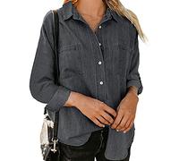 Sawmew Women's Denim Jacket Oversized Boyfriend Long Sleeve Denim Blouse Punk Button Denim Shirt (Color : Black, Size : L)