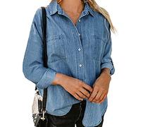 Sawmew Women's Denim Jacket Oversized Boyfriend Long Sleeve Denim Blouse Punk Button Denim Shirt (Color : Light blue A, Size : 3XL)