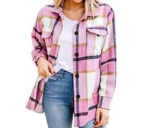 Sawmew Womens Fleece Checkered Shirts Long Sleeve Plaid Button Down Tunic Blouse Casual Shacket Top Oversize Baggy Coat Thick Outwear (Color : Pink, Size : M)