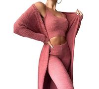 Sawmew Women's Fluffy 3 Piece Pajamas Set Sexy Warm Fuzzy Fleece Open Front Cardigan Jacket Crop Top Pants Suit Loungewear Home Pajamas Sets for Autumn Winter (Color : Pink, Size : L)