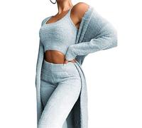 Sawmew Women's Fluffy 3 Piece Pajamas Set Sexy Warm Fuzzy Fleece Open Front Cardigan Jacket Crop Top Pants Suit Loungewear Home Pajamas Sets for Autumn Winter (Color : Blue, Size : L)
